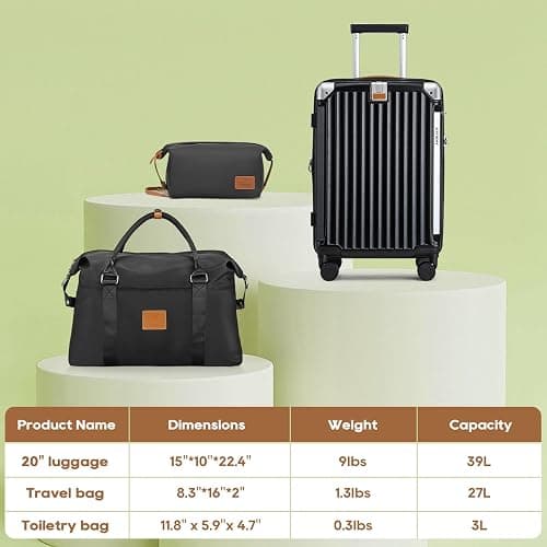 Joyway 20in Carry On Luggage with Cup Holder and USB Port, 25% Expandable Capacity, Smart Suitcase with Anti Slip Wheels and Handbag, Perfect for Men and Women 3 Piece Set Black thumbnail 5
