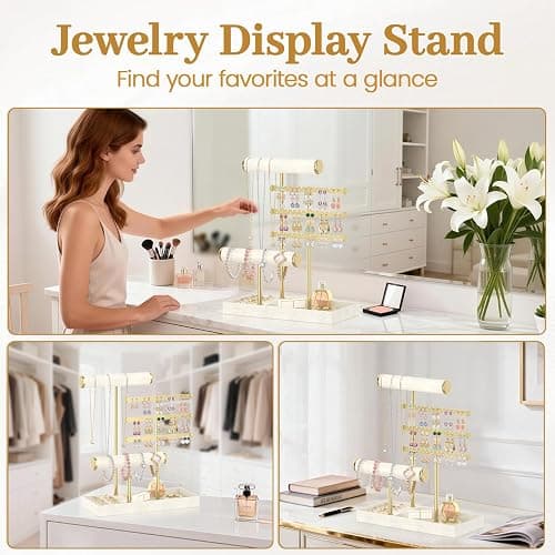 MODOWEY Necklace Holder Earring Stand Organizer, Wooden Velvet Bracelet Tree Rack with Ring Tray for Vendor Women Display Selling, Countertop T Bar Jewelry Tower Keep Everything Visible & Within Reach thumbnail 7