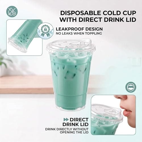 16oz Clear Plastic Cups with Lids, BPA-Free Disposable Iced Coffee Cups. | Leak-proof sip lids fit car holders. Food-grade PET for smoothies & lemonade. 100-pack bulk value for Parties & To-Go. thumbnail 5