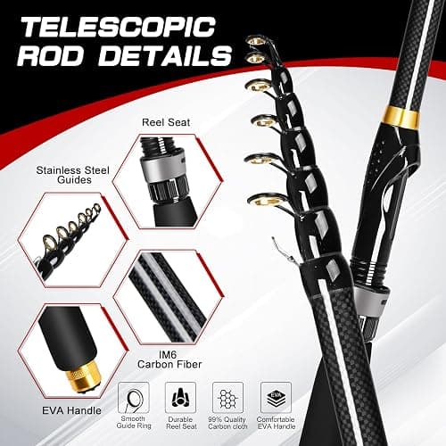 Kalynsung 6.89ft Fishing Rod and Reel Combo, 2PCS Telescopic Carbon Fiber Fishing Rod, Spinning Reels *2, Fishing Line *2, Fishing Hooks Bait Set, Portable Fishing Pole Set with Carrier Bag thumbnail 2