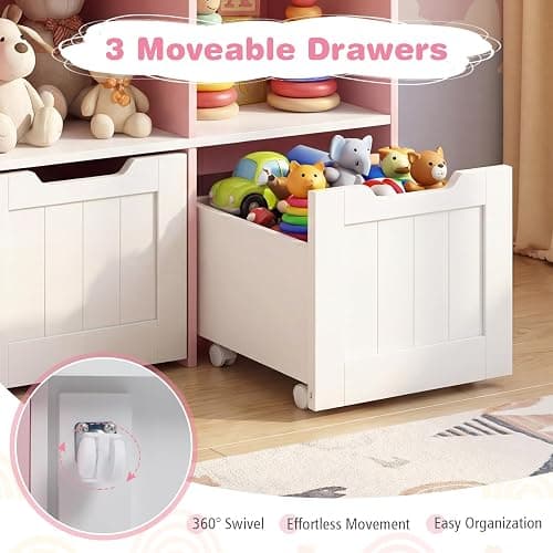 GYMAX Kids Bookcase with 3 Movable Drawers and 5 Open Cubes (Pink) | Wooden Children Bookshelf , Toy Storage Organizer for Playroom Bedroom Nursery thumbnail 7