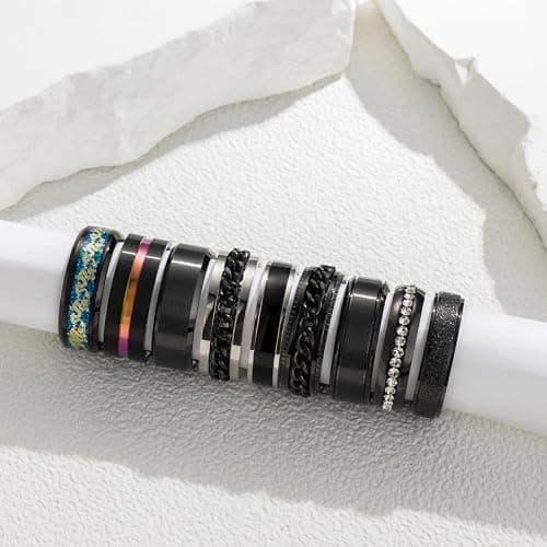 EIELO 9Pcs Stainless Steel Band Rings for Men Women Cool Fidget Spinning Chain Ring Anxiety Relief Fashion Simple Wedding Engagement Black Ring Set thumbnail 6