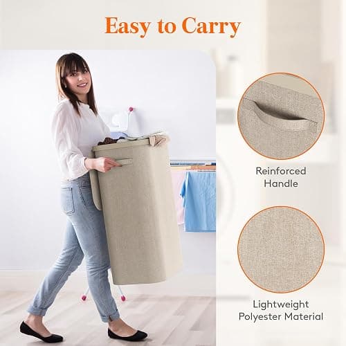 Lifewit 105L Laundry Basket with Lid, Large Laundry Hamper with Plastic Handles and Removable Bag, Foldable Tall Dirty Clothes Hampers for Laundry for Laundry Room, Bedroom, Bathroom, Dorm, Beige thumbnail 4