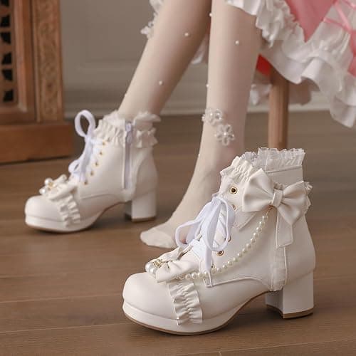 LUXMAX Women Chunky Heel Lace Up Booties Lolita Kawaii Shoes Block Heel Cute Ankle Boots Sweet Lace Boots with Bow thumbnail 9