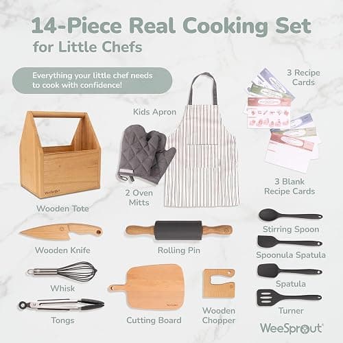 WeeSprout Little Chef Kids Cooking & Baking Set, 14 Piece Cooking Set with Real Kitchen Tools & Kids Apron, Baking Gift for Girls, Boys & Junior Chefs, Food Grade Materials, Choice of Colors thumbnail 2