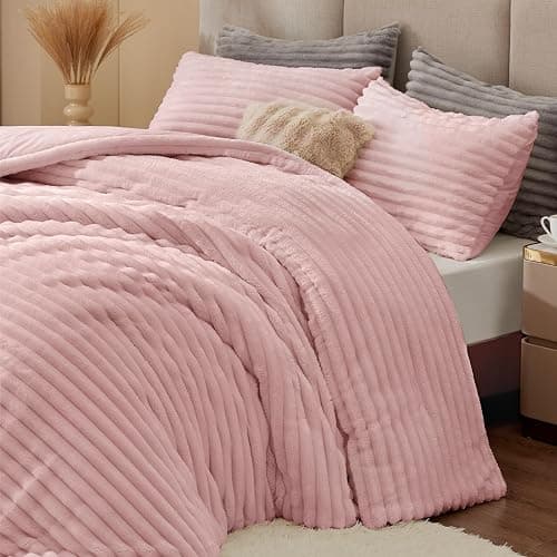 BEDELITE Fleece Queen Comforter Set, Fluffy Bed Set, Pink | Super Soft & Warm Bedding, Luxury Fuzzy Faux Fur Comforter for Winter, Heavy Plush Bedding, with 2 Pillowcases thumbnail 6