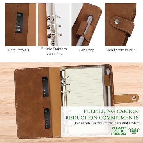 FYY A6 Binder Refillable Planner Notebook 6 Ring PU Leather Binder Journal with Pockets, Dividers, Refill Paper Brown thumbnail 4