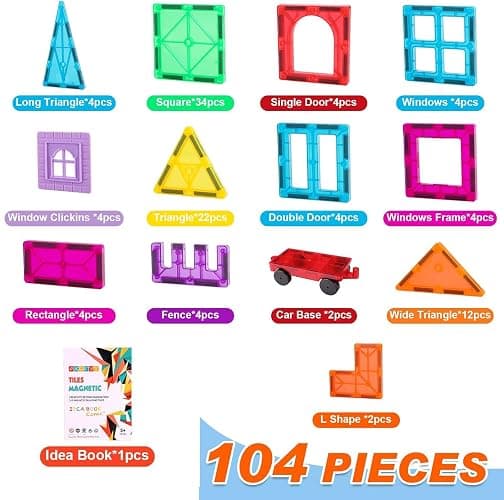 OugerToy Magnetic Tiles,104PCS Magnetic Building Tiles for Kids, Educational Magnetic Stacking Blocks, Magnets Construction Toys, Christmas Toy Gift for Toddlers,Kids Boys and Girls 3 4 5 6 7 8 9+Year thumbnail 3