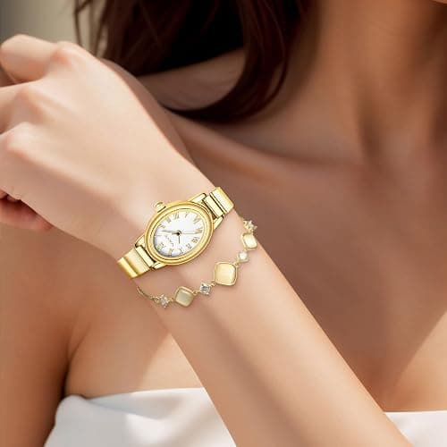 VAVC Small Gold Watches for Women,Analog Womens Watch with Stainless Steel Expansion Band,Oval Case Roman Dial,Water Resistant thumbnail 6