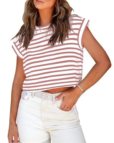 Tankaneo Womens Short Sleeve Cropped T-Shirts Summer Rolled Dolman Sleeve Crop Tops Casual Round Neck Solid Short Basic Tees - Image 1