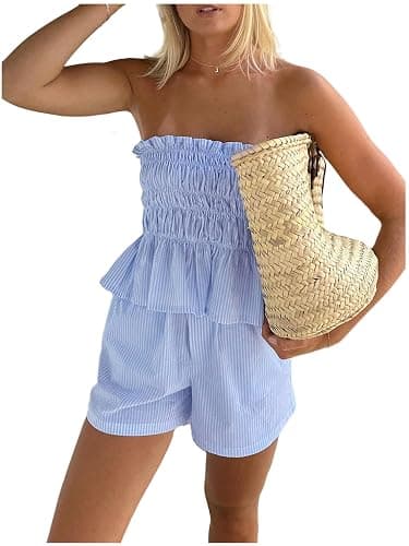 KAOBIO Women 2 Piece Outfits Ruffle Stripe Shorts Set 2026 Summer Off Shoulder Smocked Crop Top Mini Shorts Matching Sets - Image 1