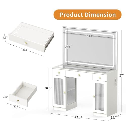 Pamapic Makeup Vanity Desk with Mirror and Lights, LED Light Strip Vanity with Glass Top, Crystal Knobs and Translucent Cabinet Doors, 3 Lighting Modes White Vanity with 3 Drawers thumbnail 2