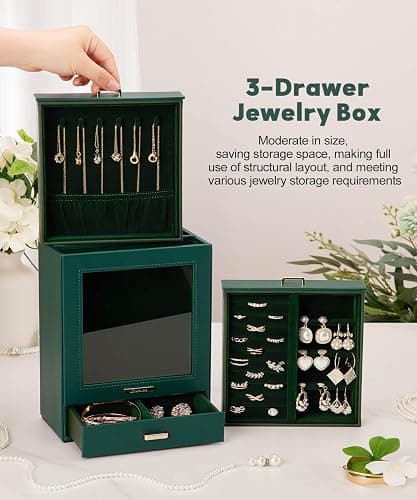 Homde Jewelry Organizer Girls Women Jewelry Box for Necklaces Rings Earrings Christmas Gift Bracelets Storage Case (Forest Green + Gold) thumbnail 8