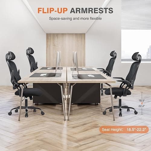 Sweetcrispy Office Computer Desk Chair, Ergonomic High-Back Mesh Rolling Work Chairs with Wheels and Adjustable Headrests, Comfortable Lumbar Support, Comfy Flip-up Arms for Home, Bedroom, Study,Black thumbnail 6