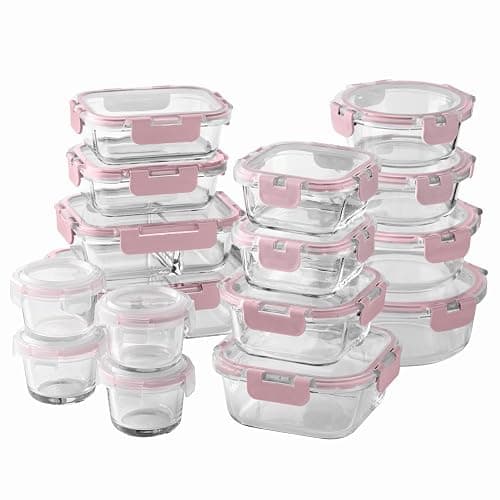COOK WITH COLOR Premium 32-Pc. Borosilicate Glass Food Container Set with Dividers - 4 Rectangles, 8 Rounds, 4 Squares - Leakproof Lids - Meal Prep, Storage, Pink - Image 1