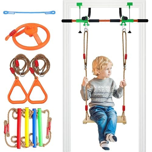 Doorway Swing mount for Kids & Door Pull Up Bar for Adults, Indoor Kid Swing with 4 Accessories, Multi-Function Doorway Gym, Fits Door Frame 24.41-30.51'' W x 3.94-6.69'' Thickness (Orange) - Image 1