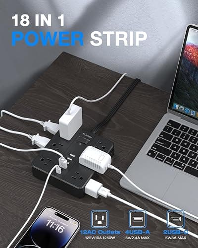 Flat Plug Power Strip Surge Protector, HUNIAN 5 Ft Extension Cord with 12 Widely Spaced Multiple Outlets 6 USB Charger (2 USB C Ports), Desk Charging Station for Home Office Supplies, Black thumbnail 2