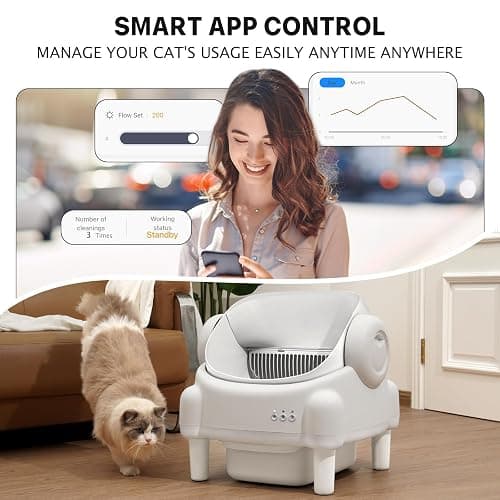 Paruuntys Automatic Litter Box,Open Top Self Cleaning Litter Box with App Control for Multiple Cats, Safety Sensors Protection, Odor Control Includes 2 roll Liners,Large Waste Bin, Cream White thumbnail 4
