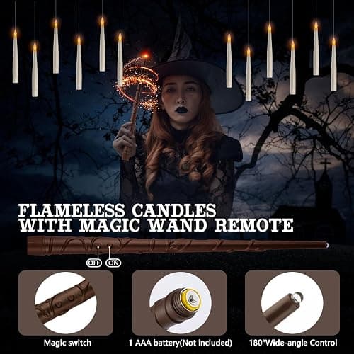 Floating Candles with Wand Remote, 20 Pcs Magic Halloween Hanging Candles, Flickering Warmer Light Flameless LED Candles with DIY Sticker, Battery Operated Halloween Decorations Gifts Indoor (20) thumbnail 3