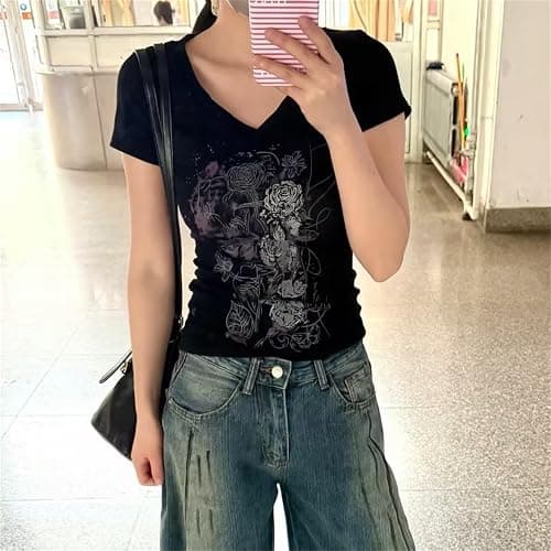 VnimVinter Grunge Shirt 2000s Clothing Teen Girls Women Vintage Graphic Y2k Short Sleeve Goth Tee Emo Clothes Streetwear thumbnail 3