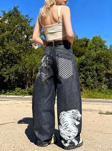 Unisex Y2K Hip Hop Baggy Wide Leg Jeans Skeleton Tiger Dragon Print Vintage | Vintage Y2K baggy jeans with skeleton, tiger or dragon prints, featuring a relaxed wide leg fit for everyday hip hop style. thumbnail 7