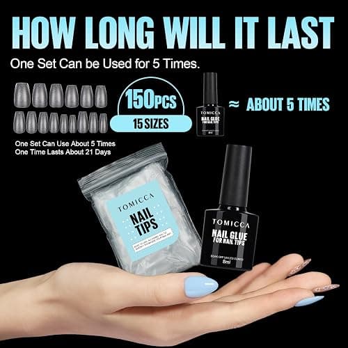 TOMICCA Short Almond Matte Nail Tips & Nail Glue Kit, 150 pcs Full Coverage Soft Gel Nail Tips, No File, 8ml Nail Glue Soak off UV Lamp, Nail Tip Glue Set for Quick Nail Salon thumbnail 6