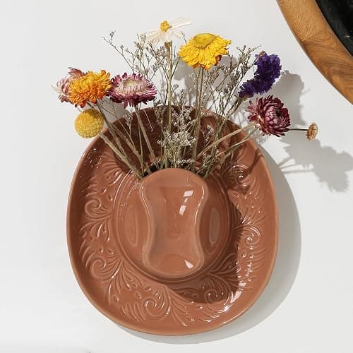 Hanging Wall Planters for Indoor Plants, Wall Vases for Flowers, Ceramic Cowboy Hat Vases for Decor, for Bathroom, Living Room, Office, and Home Decor. Brown thumbnail 6