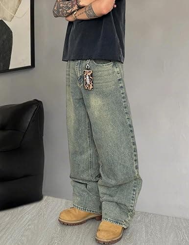 QGRSWBC Mens Wide Leg Jeans Super Baggy Pants Y2k Loose Fit Denim Jeans Skater Trousers Streetwear thumbnail 3