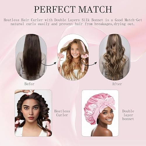 Hroevc No Heat Overnight Curls with Double Layer Satin Bonnet - Soft Hair Curlers to Sleep In, heatless Curling Rods Set + Silk Bonnet for Women & Girls Long Hair, Heatless Waves & Volume (Pink) thumbnail 4