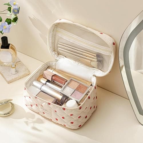 HBselect Large Quilted Makeup Bag for Women Cute Cotton Travel Cosmetic Bag | Floral Coquette Aesthetic Toiletry Organizer Bag with Handle, Portable Multifunctional Makeup Bag, Gifts for Bridesmaids thumbnail 2