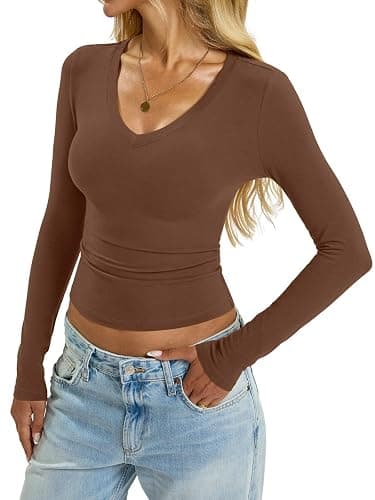 EasyGala Womens Cotton Long Sleeve Shirts V Neck Slim Fit Tops Basic Tees Going Out Outfits 2025 Fall Spring - Brown - Medium thumbnail 4