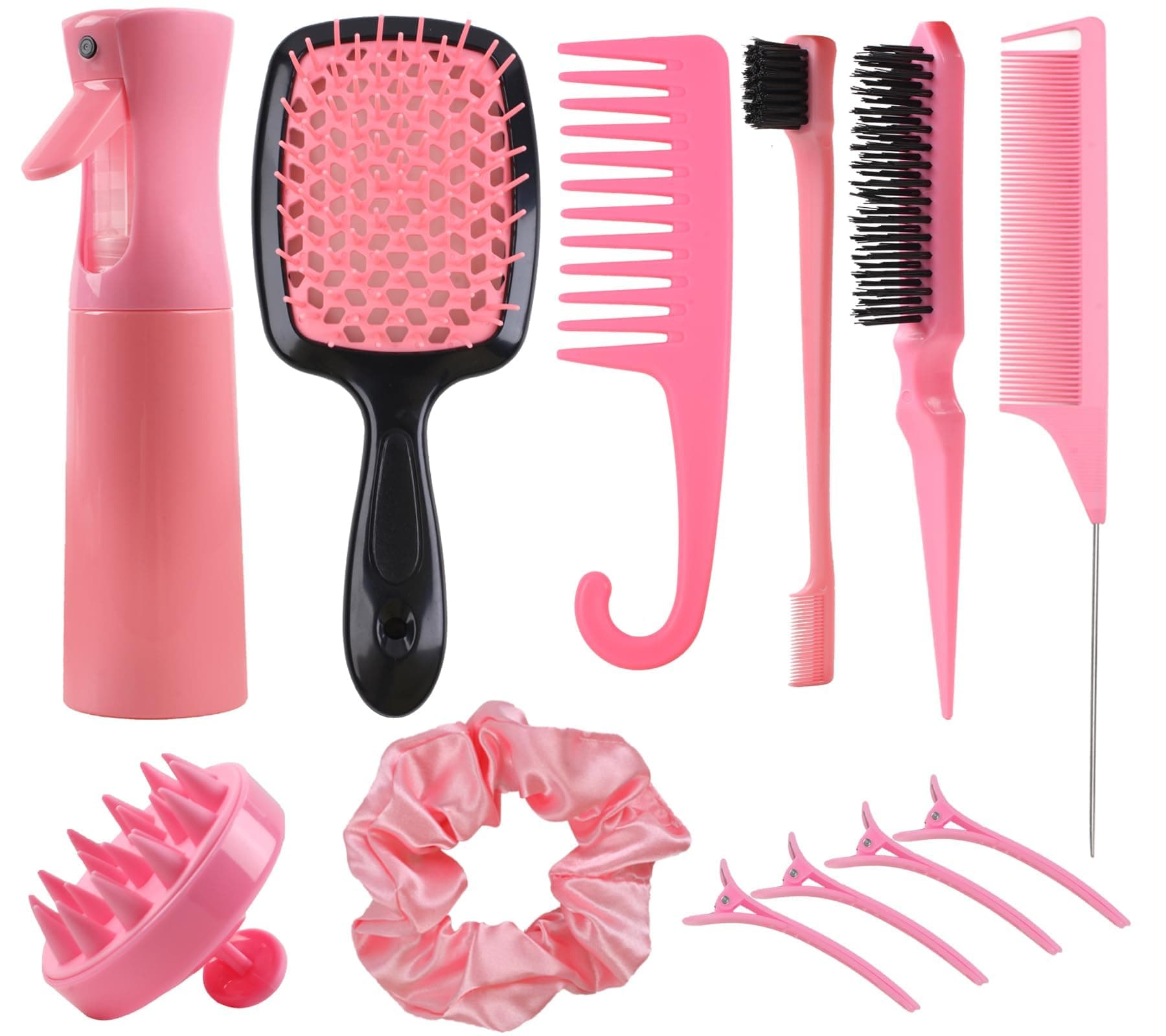 12 Pcs Hair Brush Set, 3 Pieces Slick Back Hair Brushes for Toddlers, Women, Detangling Brush for All Typs of Hair, Edge Bristles Wide Tooth Rat Tail Combs for Baby Girls Boys(pink) - Pink - Image 1