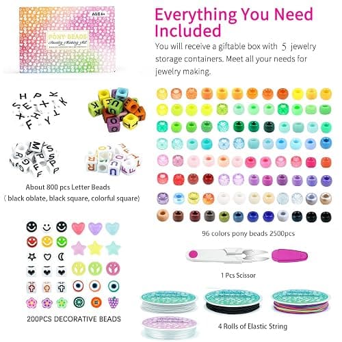 5 Boxes Bracelet Making Kit Pony Beads, 96 Colors 6x9mm 3500Pcs Kandi Rave Beads for Bracelets Friendship Plastic Bead with 800Pcs Letter Bead Arts and Crafts for Kids Adults Keychain Jewelry Making thumbnail 4