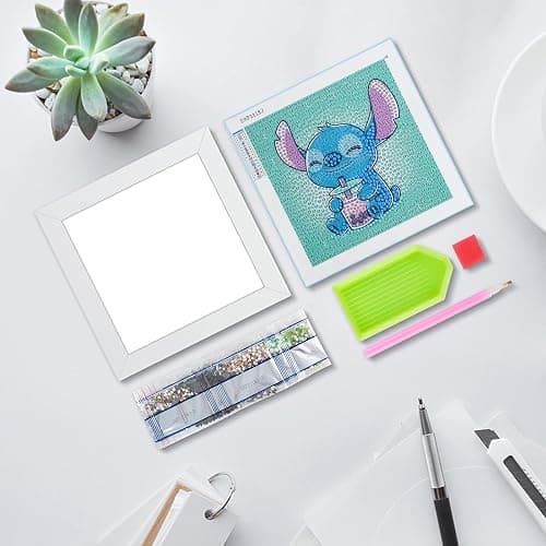 AllWenTo 5D Diamond Painting Kit for Kids with Wooden Frame Easy Small Anime Diamond Painting Full Drill Diamond Art Gem Painting for Beginners 7X7 inch (Stitch), (DAM001-A) thumbnail 2