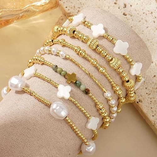 Dainty Cross Clover Gold Beaded Pearl Bracelet Stack for Women,Handmade Boho Gold Plated Beads Stretch Stackable Bracelets Fashion Birthday Prom Jewelry Accessories Gift Friendship thumbnail 4
