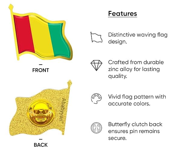 Guinea Flag Lapel Pin - Enamel Metal National Badge | World Travel Souvenir Gifts for Men & Women | Country Flag Patriotic Brooch Bulk Pack of Pins for Hat, Tie, Clothes, Backpack (1pc) thumbnail 3