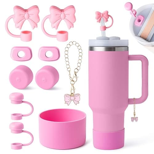 10PCS Stanley Cup Accessories Set, Stanley Accessories Include 2PCS Bow Straw Covers, 1 Cute Bow Handle Charm, 2 Set of 3 Silicone Spill-Proof Stoppers, 1 Silicone Boot Fits Stanleys Cup 40&30Oz - Image 1