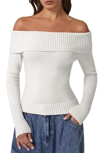 QINSEN Cotton Off The Shoulder Sweater for Women Long Sleeve Ribbed Knit Pullover Sweater Slim Fit Going Out Tops - Image 1