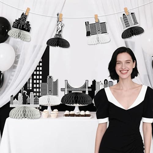 Cheerupp 8 Pcs Black New York City Theme Honeycomb Centerpieces Decorations | NYC Theme, Skyscraper Table Toppers, Night Scene 3D Table Signs, Doubles Sided, for National Day, Baby Shower Bday Party thumbnail 4