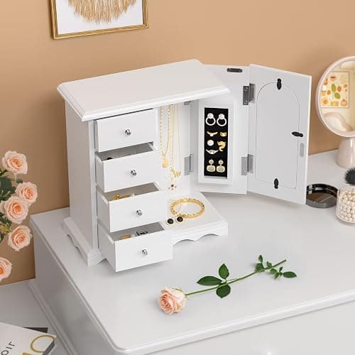 VINGLI Jewelry Box with Photo Frame, White Jewelry Organizer for Women, Arched Wooden Keepsake Case with 4 Drawers, Rotating Necklace Hooks & Velvet Lining, Vintage Gift for Girls Bedroom thumbnail 8
