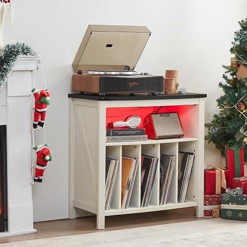 Joaxswe Large Record Player Stand with Charging Station & LED Lights, Vinyl Records Storage Holder Cabinet Holds up to 230 Albums, Turntable Stand for Music Room, Bedroom, Living Room, Office (White) thumbnail 4