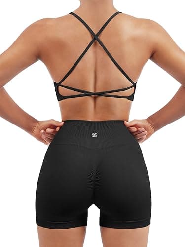SUUKSESS Women Seamless Workout Sets Strappy Sports Bra High Waist Booty Shorts Outfits - Image 1