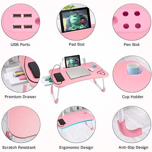 Slendor Lap Desk with Tablet Slot, Foldable Laptop Table with Storage Drawer for Bed，Portable Bed Desk for Laptop, Computer Tray with Cup Holder Notebook Stand Reading Holder for Couch Floor, Pink thumbnail 6