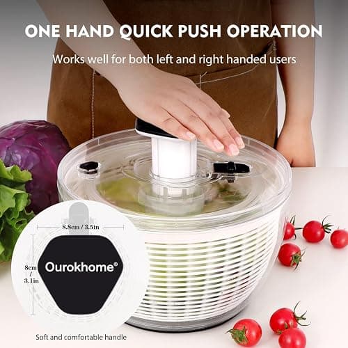 Ourokhome Salad Spinner Lettuce Dryer, One-handed Easy Press Large Vegetable Dryer Salad Mixer with Comfortable and Retractable Pusher and Brake Button for Greens, Herb, Berry, Fruits, 6.3 QT, Black thumbnail 3