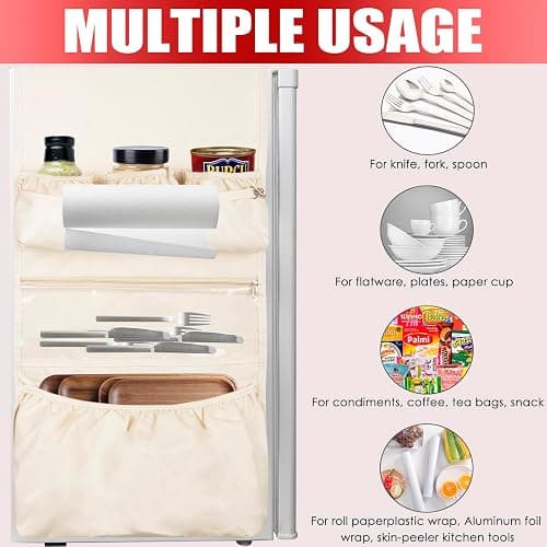 ChezMax Mini Fridge Organizer Dorm Essentials - Over the Fridge Caddy Organizer, Dorm Room Storage, Mini Refrigerator Dust Cover Top with 12 Extra Large Fabric Pockets for Office Kitchen Home, White thumbnail 5