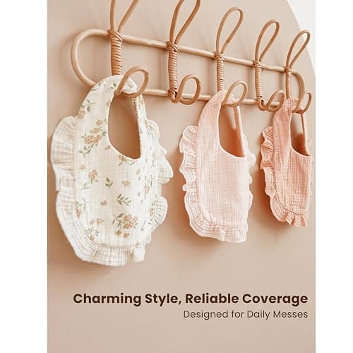 Konssy Muslin Baby Bibs for Girls – Soft 100% Cotton Drool Bibs, Ruffle Trim for Newborns & Toddlers 0-36 Months 3-Pack thumbnail 6