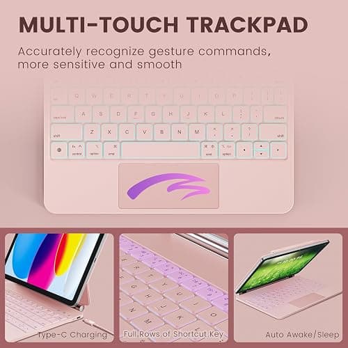 RAYMCRAFT for iPad 11th(A16, 2025)/10th Generation Case with Keyboard, Magic Keyboard 2022, Springy Backlit Keys, Stain-Resistant Surface, Multi-Touch Trackpad,Pink thumbnail 6