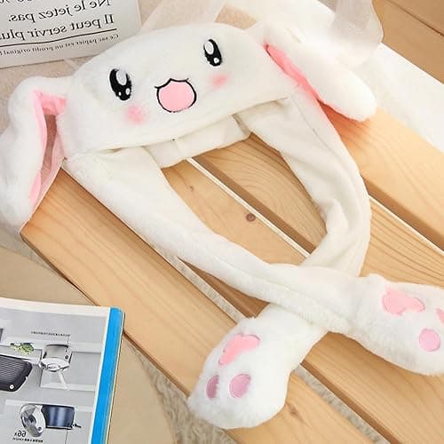 GWAWG Funny Plush Bunny Hat Ear Moving Jumping Rabbit Cute Animal Flap Cap Stitch Hat for Women Girls Children Party Holiday Halloween Easter Christmas Birthday Dressup Cosplay Costume Gift - White thumbnail 7