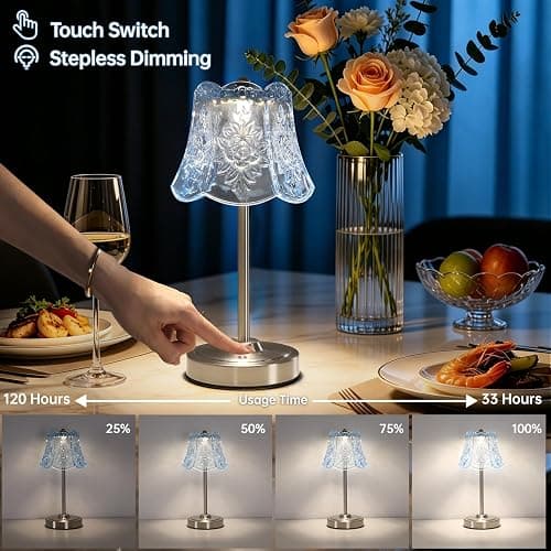 Shenmoyl Cordless Touch Table Lamp with 5200mAh Battery - 3 Adjustable Color Temperatures & Dimmable, Rechargeable Lamp for Bedroom, Living Room, Office, Entryway, Bookshelves (Clear Light Blue Rose) thumbnail 2