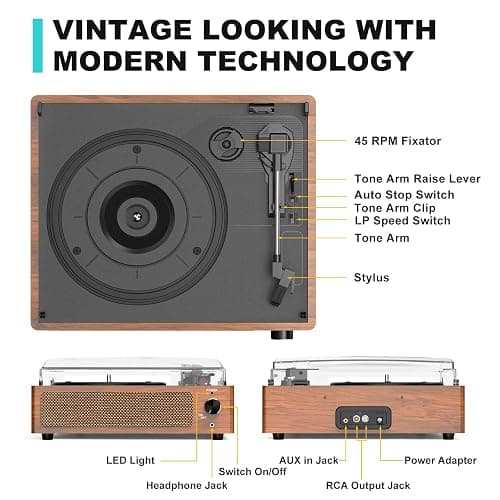 Seasonlife® Vinyl Record Player with Speakers,Retro Brown Vintage Turntable | All-in-one Beginner LP Players,Wooden Old-school Phonograph,Belt-Driven,3-Speed,BT Wireless Input,Headphone,AUX,RCA,Auto Stop thumbnail 2